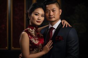 ai généré chinois couple dans traditionnel vêtements avec génératif ai photo