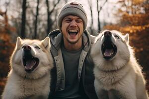 ai généré Jeune homme en riant avec deux huskies chiens bokeh style Contexte avec génératif ai photo