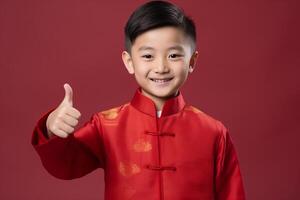 ai généré chinois Nouveau année Jeune garçon les pouces en haut et sourire avec génératif ai photo