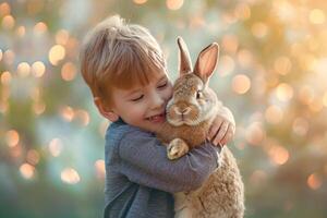 ai généré Jeune garçon enfant câlins une mignonne lapin bokeh style Contexte avec génératif ai photo