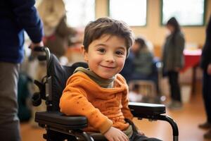 ai généré Jeune désactivée garçon séance sur fauteuil roulant à école souriant bokeh style Contexte avec génératif ai photo