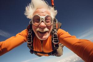 ai généré un vieux homme prise une selfie tandis que parachutisme avec généré ai photo