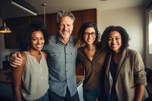 ai généré affaires travail en équipe souriant dans le Bureau bokeh style Contexte avec généré ai photo