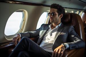 ai généré homme d'affaire séance sur privé jet bokeh style Contexte avec généré ai photo