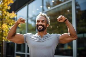 ai généré aptitude homme spectacle le sien muscles bokeh style Contexte avec génératif ai photo