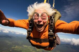 ai généré un vieux femme prise une selfie tandis que parachutisme avec généré ai photo