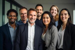 ai généré affaires travail en équipe souriant dans le Bureau bokeh style Contexte avec généré ai photo