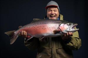 ai généré une homme en portant une gros poisson dans le rivière bokeh style Contexte avec génératif ai photo