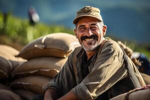 ai généré Masculin café agriculteur souriant dans de face de le sien ferme bokeh style Contexte avec génératif ai photo