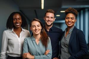 ai généré affaires travail en équipe souriant dans le Bureau bokeh style Contexte avec généré ai photo