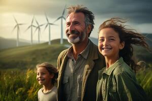 ai généré père et filles permanent dans la nature avec Moulins à vent. alternative énergie et durable énergie photo