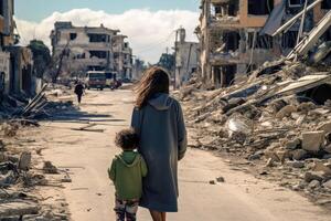 ai généré une mère et sa enfant sur une route avec détruit bâtiments par guerre. ai généré photo