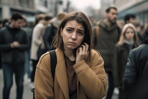 ai généré caucasien femme expérience panique attaque dans Publique bondé lieu, neural réseau généré art photo