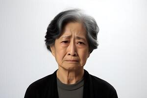 ai généré triste pleurs asiatique femme portrait sur gris clair Contexte. neural réseau généré photoréaliste image photo