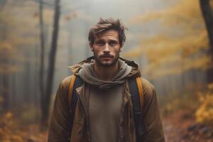 ai généré Jeune adulte caucasien homme perdu dans l'automne forêt à jour, neural réseau généré photoréaliste image photo