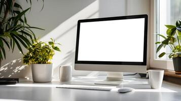 ai généré Vide écran ordinateur sur moderne Bureau bureau, Vide écran pour produit afficher, moquer en haut, ai généré. photo