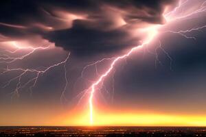 ai généré majestueux orage se déchaîner puissant foudre plus de crépuscule paysage urbain. photo