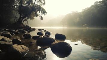 ai généré serein Matin à une forêt rivière avec lumière du soleil filtration par brouillard et reflétant sur calme des eaux photo