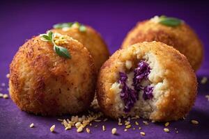 ai généré Arancini di ris sur violet Contexte photo