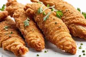 ai généré croustillant battu poisson filets sur blanc assiette photo