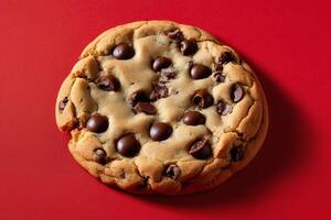 ai généré géant Chocolat puce biscuit sur rouge photo