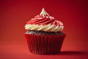 ai généré rouge velours petit gâteau avec crème fromage Glaçage photo