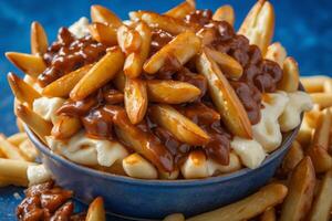 ai généré canadien Poutine dans bleu bol photo