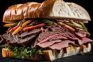 ai généré rôti du boeuf sandwich avec des légumes photo