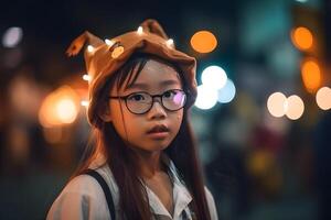 ai généré proche portrait de Jeune asiatique fille habillé dans costume pour Halloween faire la fête, neural réseau généré photoréaliste image photo