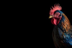 ai généré magnifique coloré coq proche portrait sur noir arrière-plan, neural réseau généré photoréaliste image photo