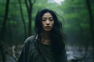 ai généré asiatique femme perdu dans forêt à été jour, neural réseau généré photoréaliste image photo