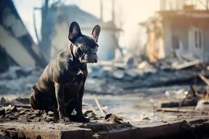 ai généré seul et faim français bouledogue après catastrophe sur le Contexte de maison décombres, neural réseau généré image photo