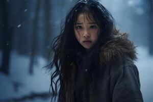 ai généré asiatique fille perdu dans neigeux hiver forêt à soir, neural réseau généré photoréaliste image photo