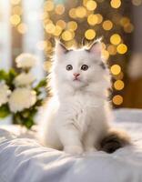 ai généré duveteux jolie minou et fleurs, animal de compagnie et floral carte, félicitations carte photo