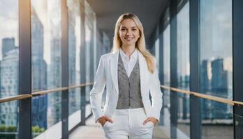 ai généré Jeune caucasien femelle projet directeur dans gratte-ciel Bureau bâtiment photo