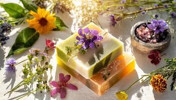 ai généré à base de plantes savon bars avec fleurs et pétrole photo