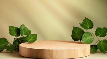 ai généré tranche de en bois podium avec vert feuilles sur beige Contexte. photo
