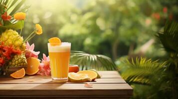 ai généré Orange jus dans verre sur en bois table avec tropical des fruits et fleurs Contexte. photo