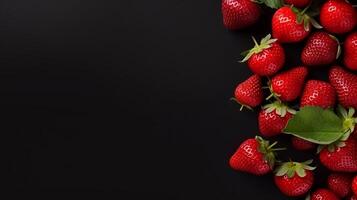 ai généré Frais des fraises sur noir Contexte. Haut vue avec espace pour votre texte photo