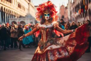 ai généré magnifique fermer portrait de Jeune femme dans traditionnel vénitien carnaval masque et costume, dansant à le nationale Venise Festival dans Italie. photo