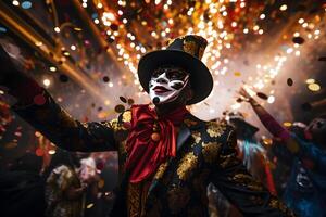 ai généré magnifique fermer portrait de Jeune homme dans traditionnel vénitien carnaval masque et costume, dansant à le nationale Venise Festival dans Italie. photo