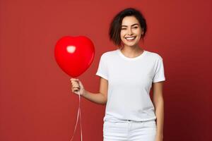 ai généré Jeune femme avec cœur ballon dans le main, portant Bella Toile blanc chemise maquette, rouge Contexte. valentines journée ou anniversaire conception T-shirt modèle, impression présentation maquette. photo