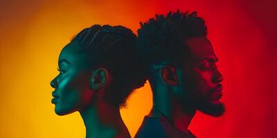 ai généré noir histoire mois bannière avec Afro-américain couple portrait dans profil plus de rouge Jaune vert noir Contexte. juneteenth liberté journée fête, africain libération journée concept. photo
