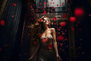 ai généré Jeune brunette femme dansant avec rouge des roses pétales confettis. valentines jour, anniversaire ou faire la fête, vacances fête concept. photo