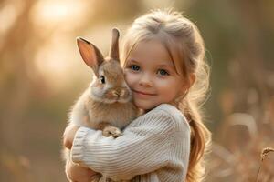 ai généré mignonne peu fille en portant une lapin, lapin dans le sien bras, sur printemps jardin Contexte. Pâques vacances concept. photo