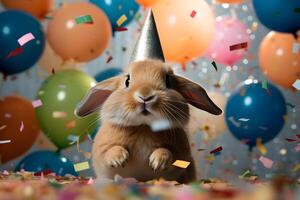 ai généré content mignonne lapin, lapin dans une fête chapeau jouit et fête une anniversaire entouré par chute confettis et des ballons. animal de compagnie anniversaire concept sur brillant Contexte. photo