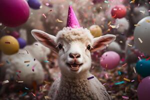 ai généré content mignonne agneau dans une fête chapeau jouit et fête une anniversaire entouré par chute confettis et des ballons. animal de compagnie anniversaire concept sur brillant Contexte. photo