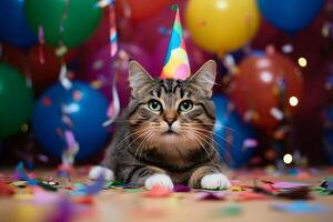 ai généré content mignonne chat dans une fête chapeau jouit et fête une anniversaire entouré par chute confettis et des ballons. animal de compagnie anniversaire concept sur brillant Contexte. photo