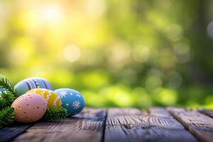 ai généré Pâques maquette avec coloré des œufs sur jardin printemps arrière-plan, sur en bois table Haut. Pâques vacances concept avec traditionnel printemps décoration et copie espace. photo