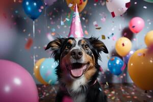 ai généré content mignonne chien australien berger dans une fête chapeau jouit et fête une anniversaire entouré par chute confettis et des ballons. animal de compagnie anniversaire concept sur brillant Contexte. photo